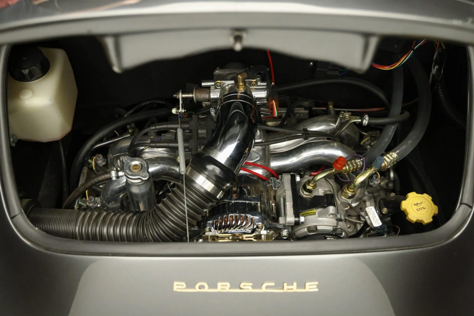 Subaru boxer engine in the rear bay of a Porsche 356 replica